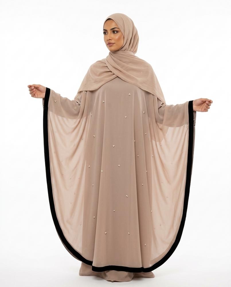 Nisa Outlet - Zelin | Pearl-Embellished Batwing-Sleeve Abaya Women