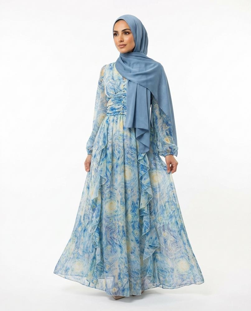 Nisa Outlet - Laran | Patterned Ruffled Abaya Women